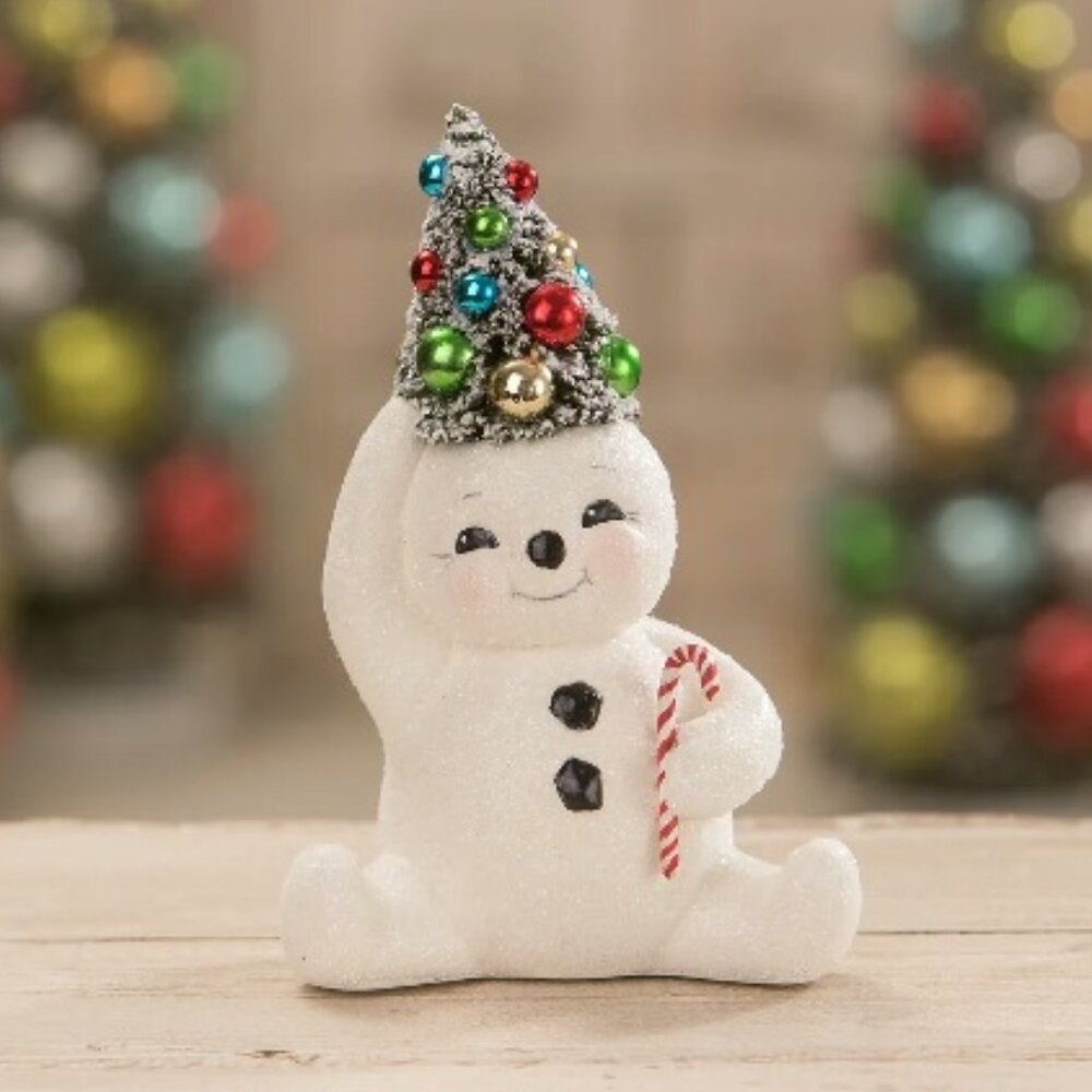 Bethany Lowe Christmas Retro Candy Cane Snowman w/ Bottlebrush Tree